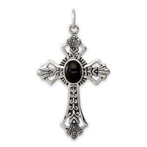 925 Sterling Silver Genuine Onyx Antiqued Cross Necklace Charm Pendant